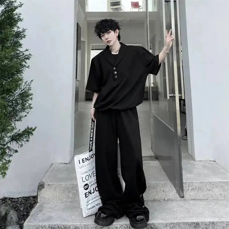 Grey New Summer Men's Two Pieces Set Turn Down Collar Fake Short Sleeve Sweatshirt And Casual Wide Leg Long Pants GPBW