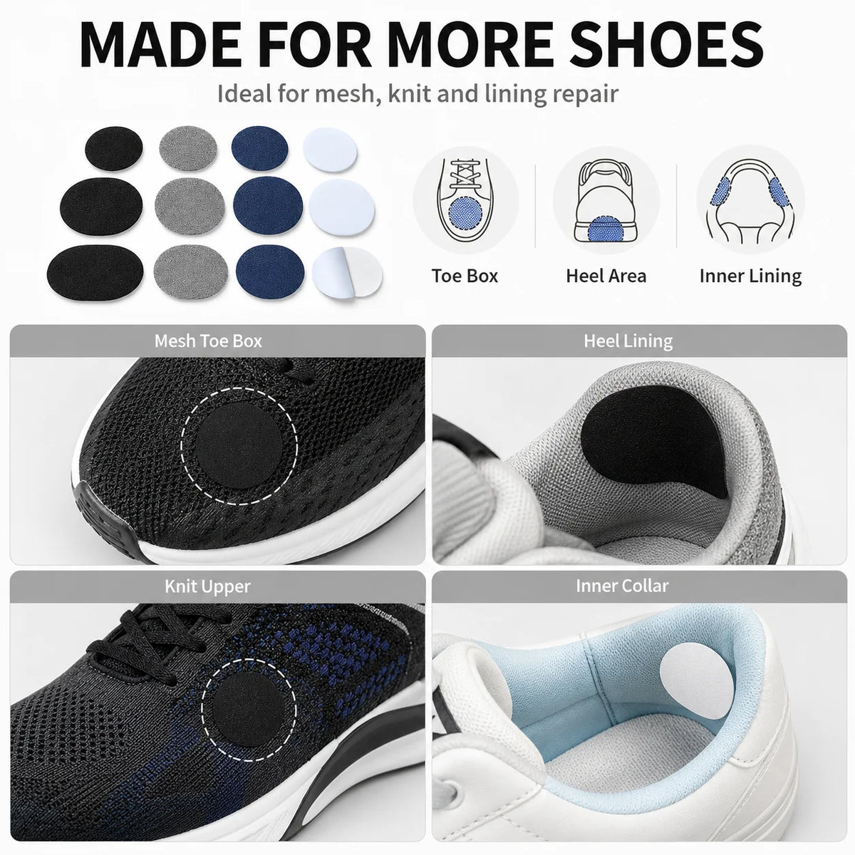 24Pcs Self Adhesive Shoe Repair Patches, 3 Sizes 4 Colors Fabric Shoe Hole Fix Patch for Sneaker Heel Liner Toe Box