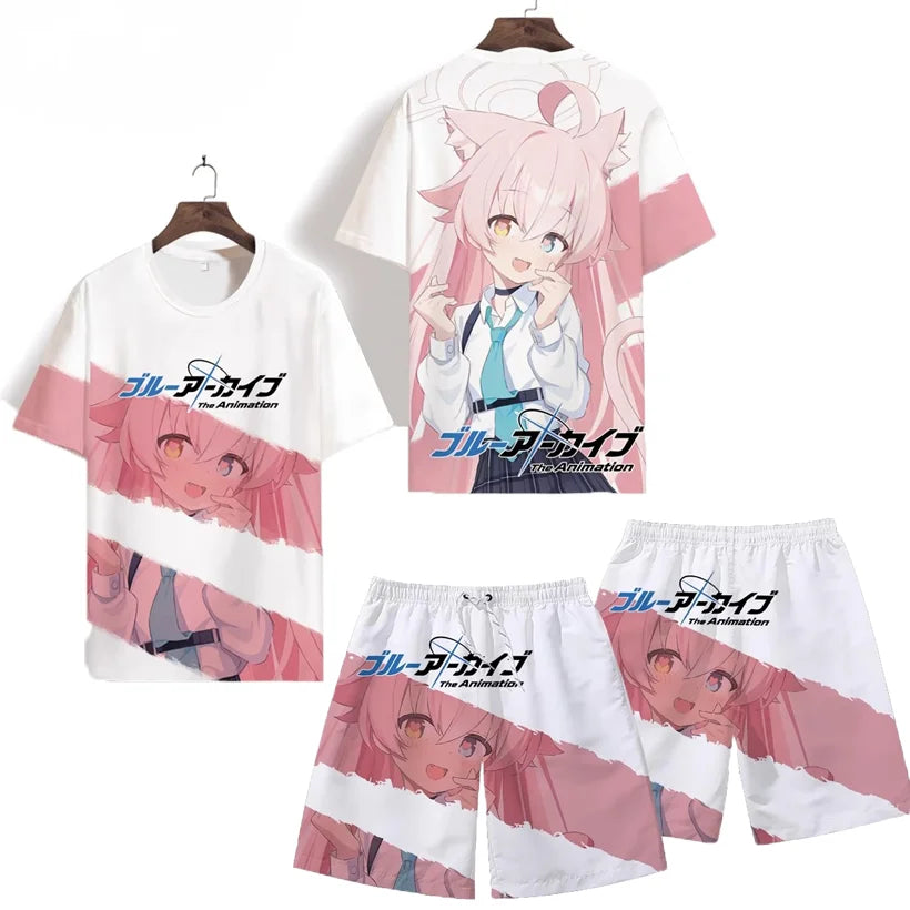 Men's Suits Anime Blue Archive Takanashi Hoshino 3D Print T-Shirts Shorts 2-Piece Sets Tracksuits Oversized Outfits Man Clothing