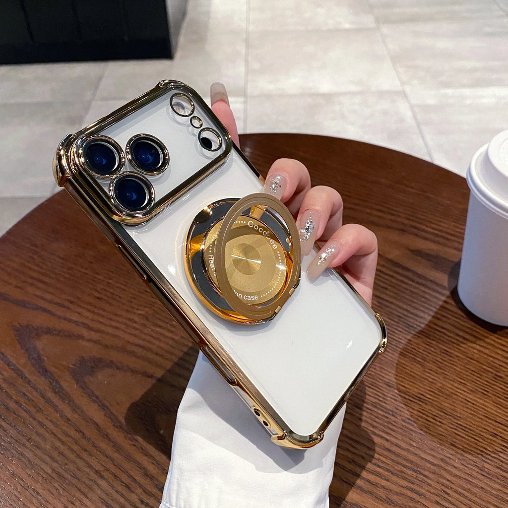 Clear Magnetic Phone Case With 360° Rotating Holder & Lens Protective Film For iPhone 17 Air 16E 15 14 13 12 11 Plus Pro Max