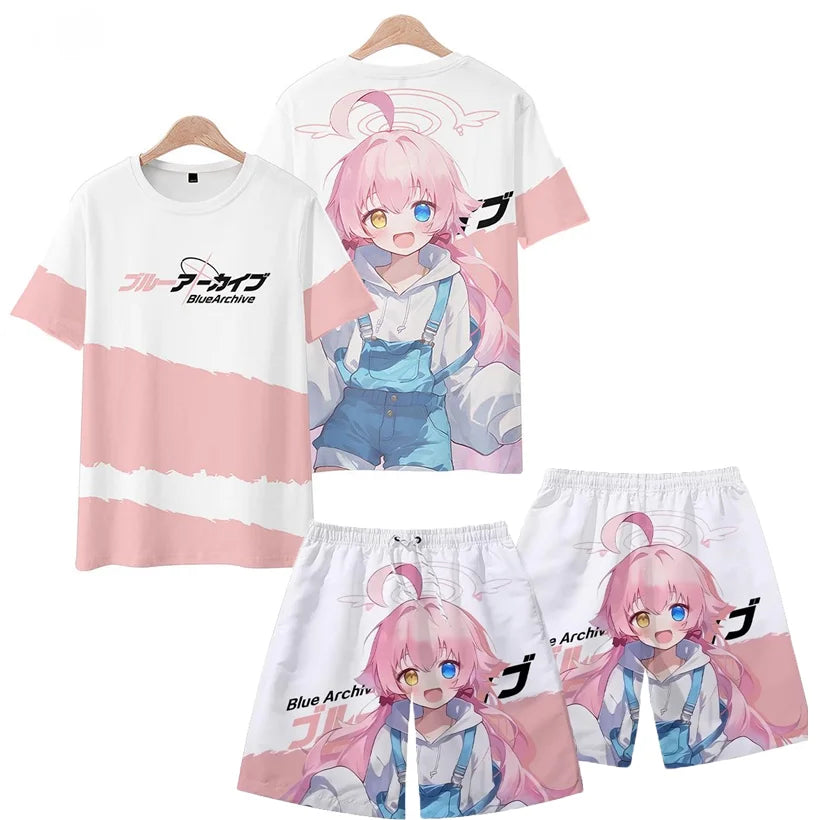 Men's Suits Anime Blue Archive Takanashi Hoshino 3D Print T-Shirts Shorts 2-Piece Sets Tracksuits Oversized Outfits Man Clothing