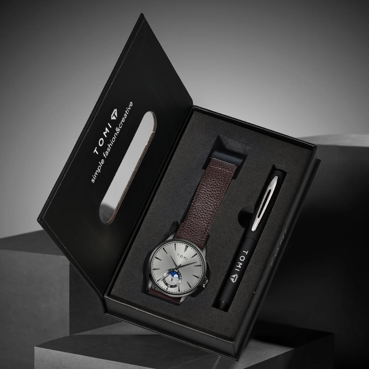 TOMI 2Pcs Men's Watch Gift Set with Pen Luxury Business Calendar Quartz Watch Suitable for Men's Birthday or Holiday Gift