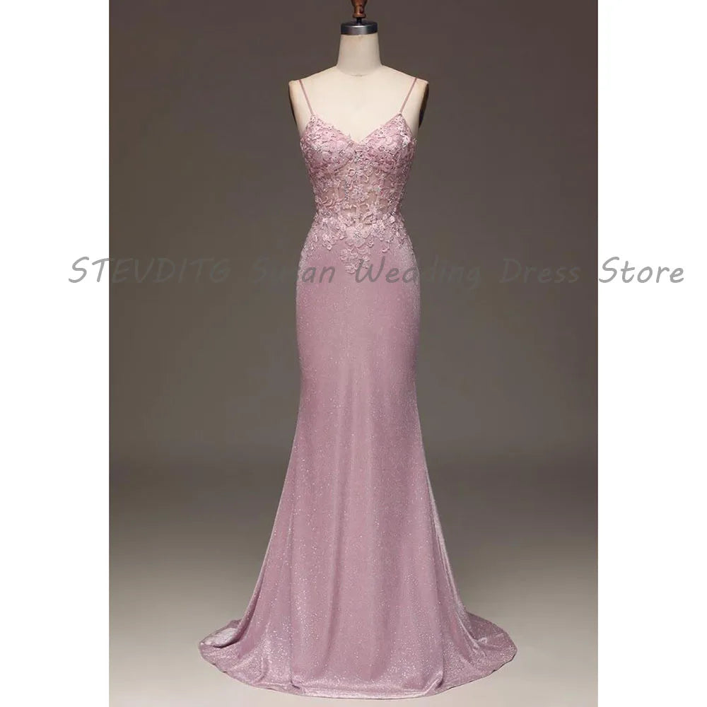 Pink Evening Dresses Women Spaghetti Strap Sleeveless High Quality Floor Length Mermaid Backless Prom Party Female Gowns