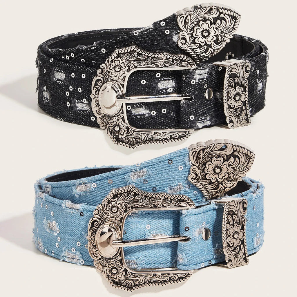 Women's Retro Casual Trend Rhinestone Buckle Belt, Street Ripped Denim Style Punk Rock Versatile Fashion Accessory，For Men Women