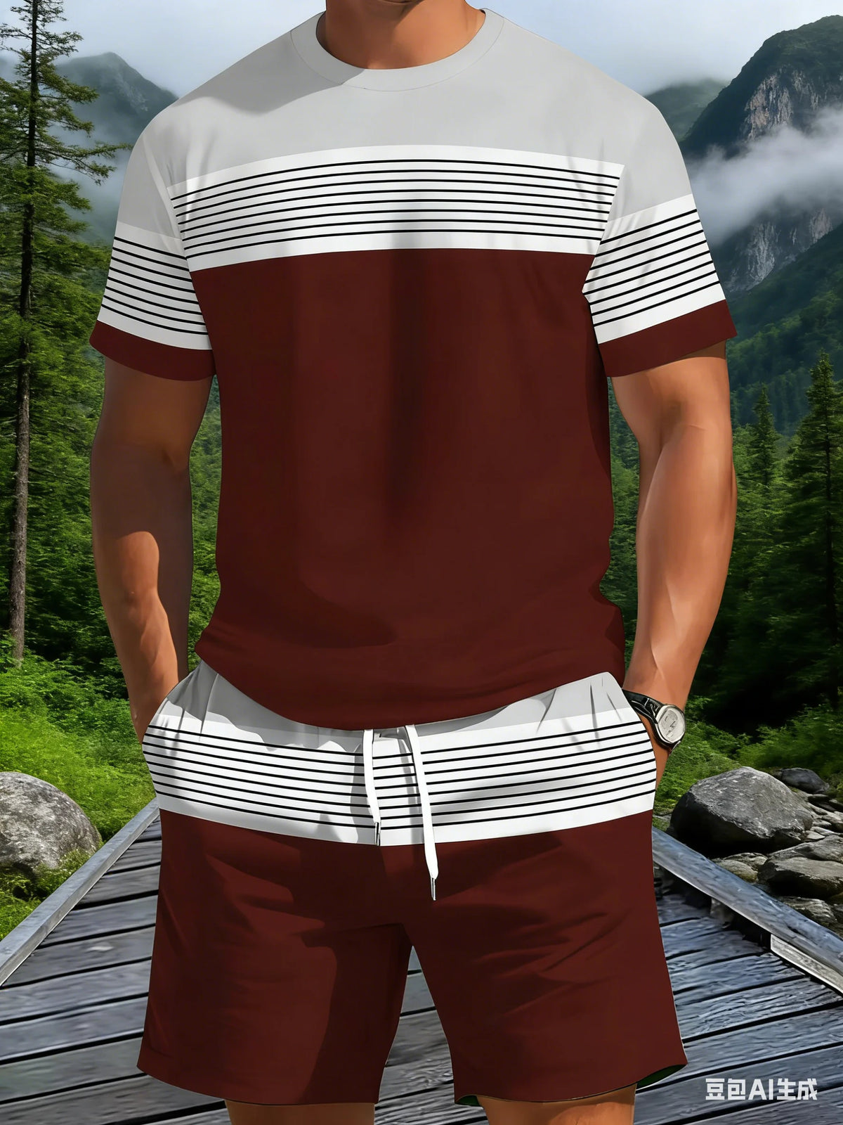 New Summer Men's Sportswear Striped Short-Sleeve T-Shirt Set Two-Piece Outdoor Travel Apparel Relaxed-Fit Shorts Training Wear