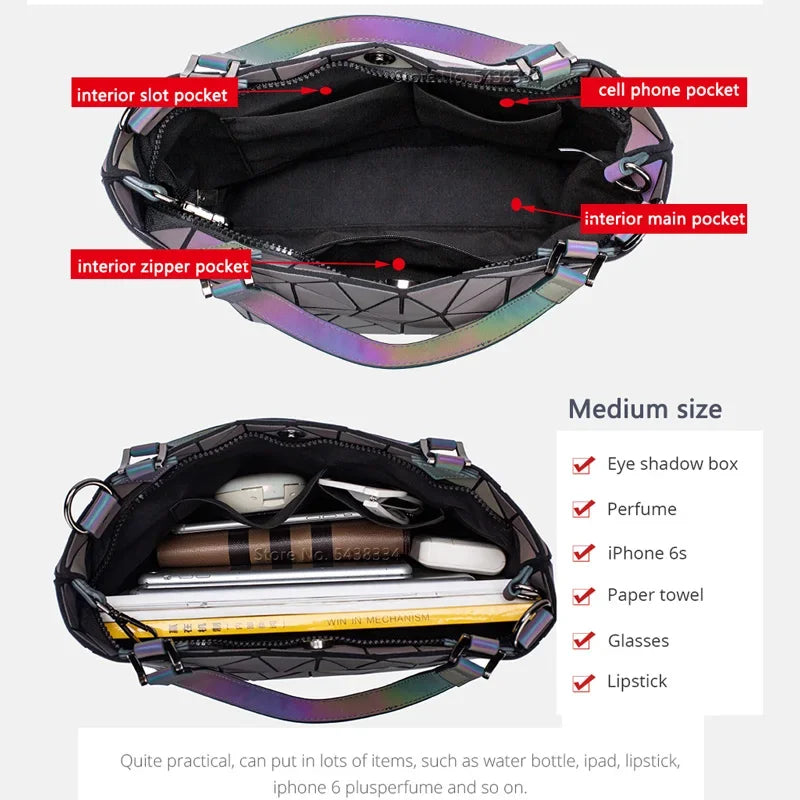 Luminous Bag Geometric Bags for Women 2021 Quilted Shoulder Bags Set Folding Totes Sac a Main Femme Handbags Bolsa Feminina