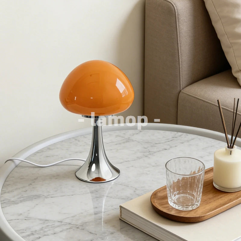 Murano Glass Milky Yellow Half Dome Mushroom Flared Base Table Lamp Cream Wood 3 Tone Soft Light Bedroom Nightstand Decor Lamp