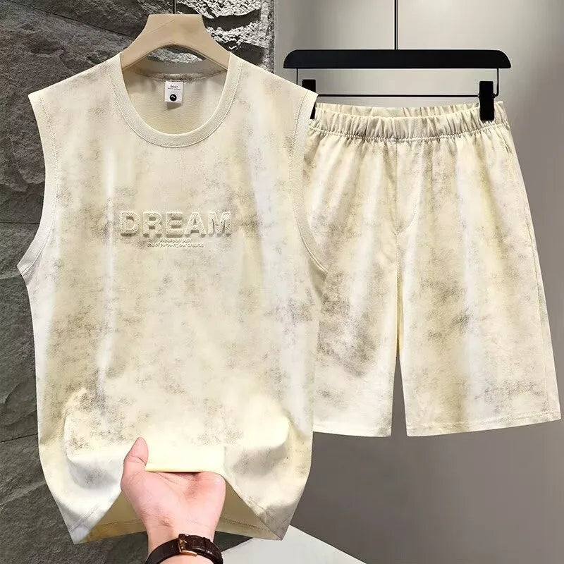 Summer 2pcs Tie Dye Vest Sets Men Two Piece Sleeveless Thin Foaming Print T-Shirts + Shorts Sets Korean Streetwear Tracksuit Man