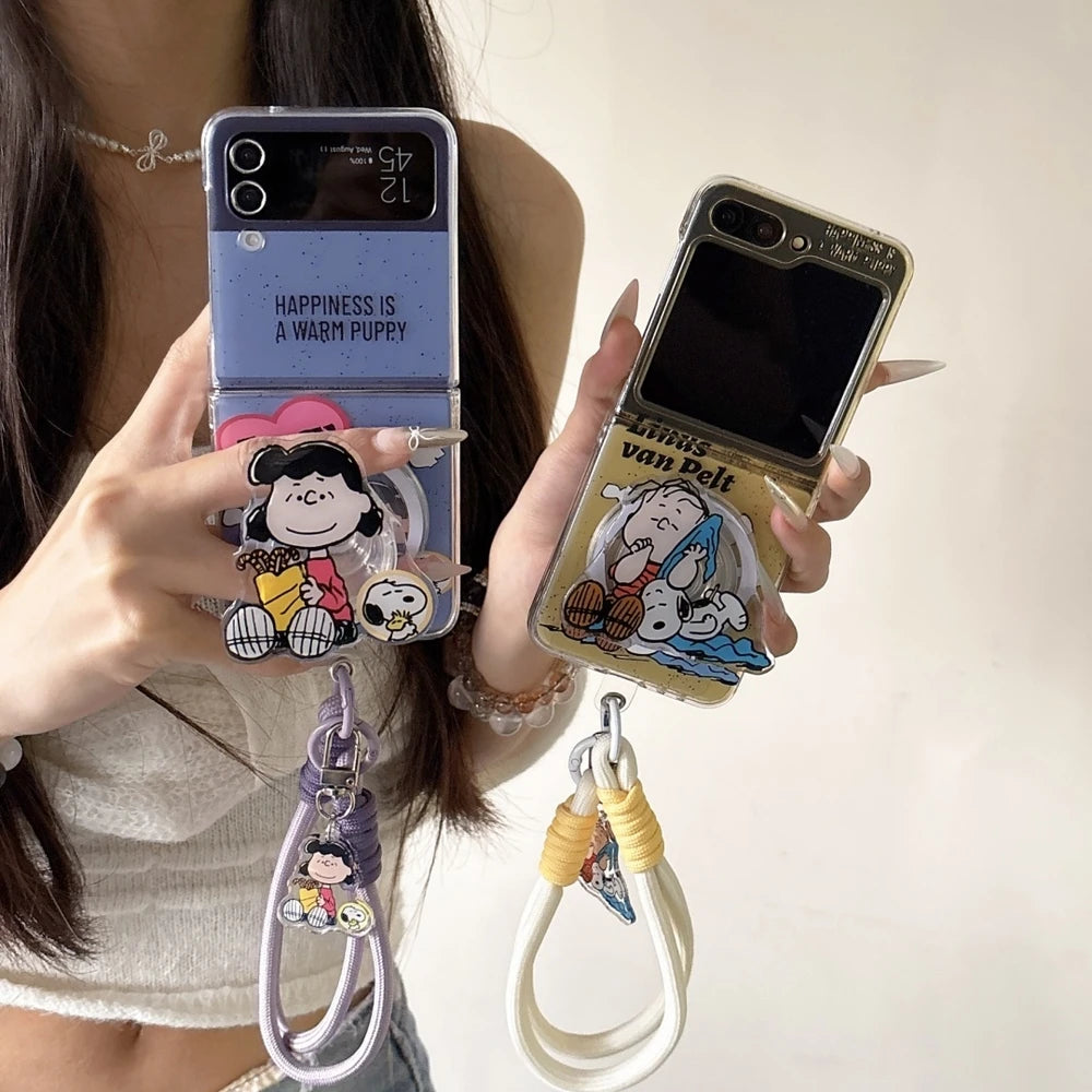 Cute Cartoon Snoopy Charlie Brown Magnetic Holder Magsafe Wireless Charge Phone Case For Samsung Galaxy Z Flip 7 6 5 4 3 Cover