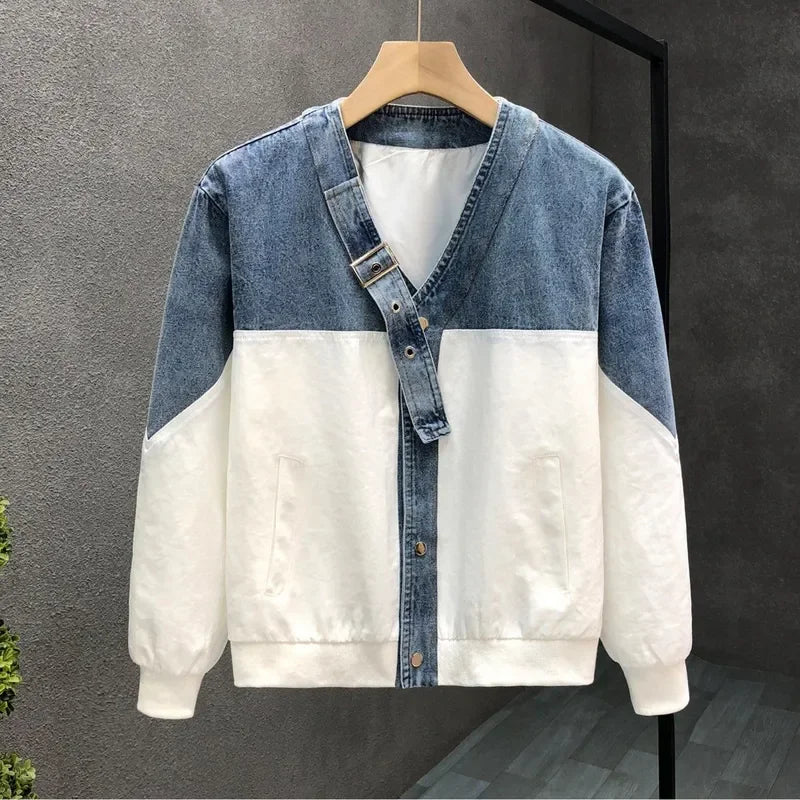 2026 Men's Color Block Denim Jacket Casual Loose Fit Spliced Jean Coat Streetwear Fashion Outerwear