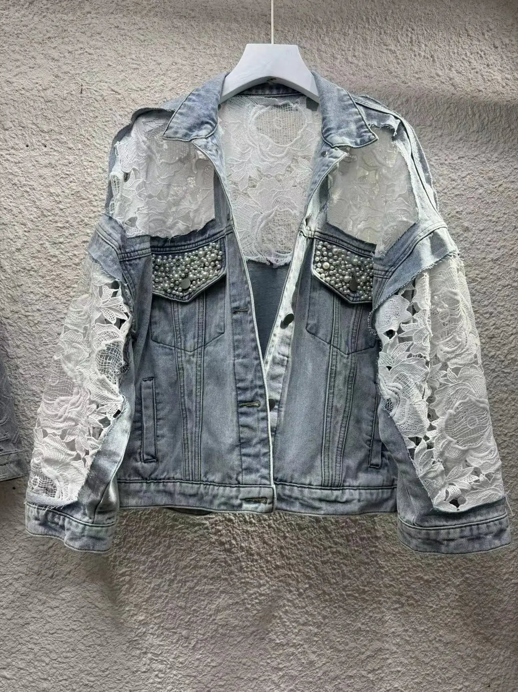 Spliced Embroidery Jacket Women Turn Down Collar Pearls Washed Denim Coats Single Breasted Loose Outerwear Basics Cardigan