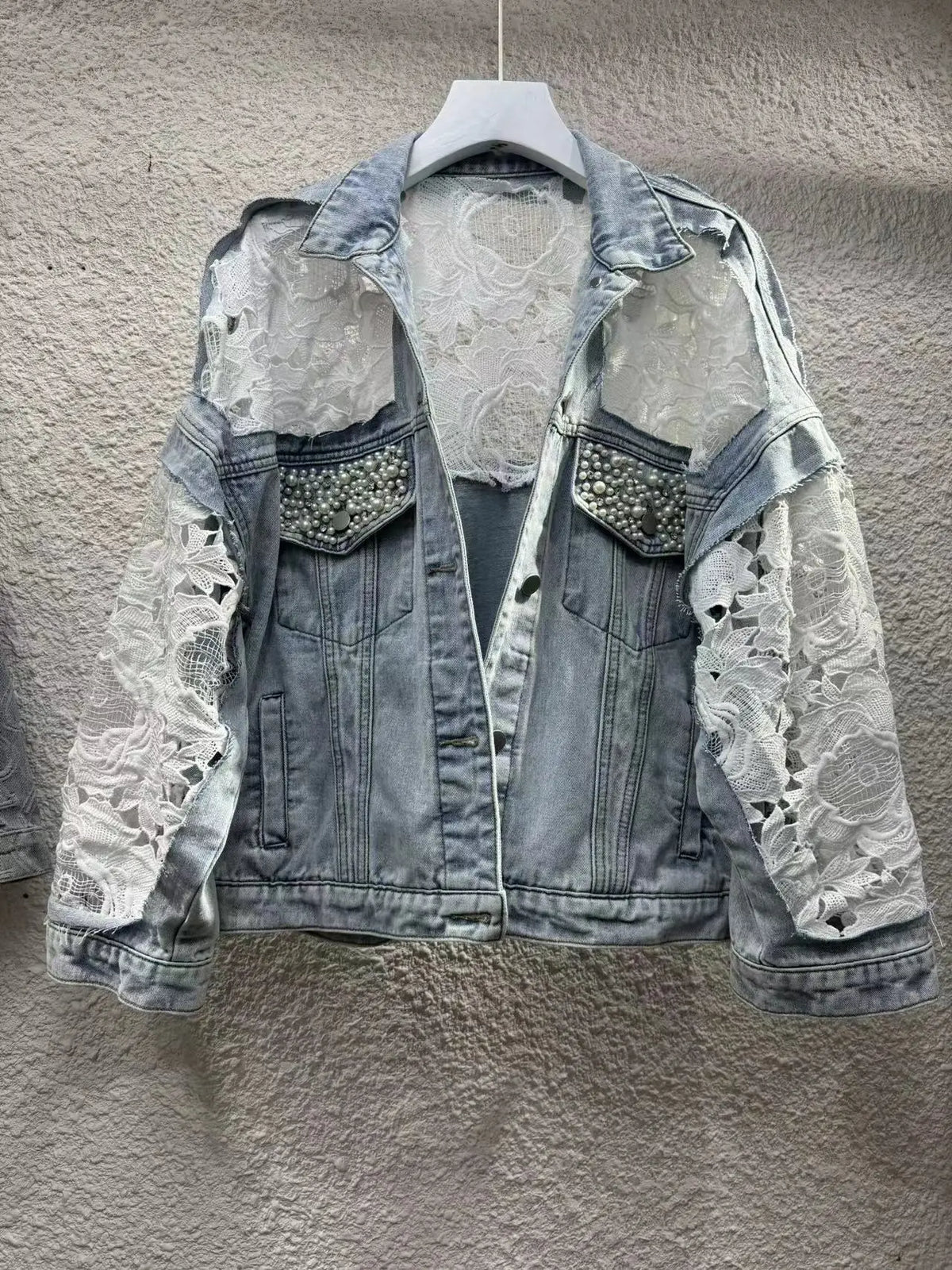 Spliced Embroidery Jacket Women Turn Down Collar Pearls Washed Denim Coats Single Breasted Loose Outerwear Basics Cardigan