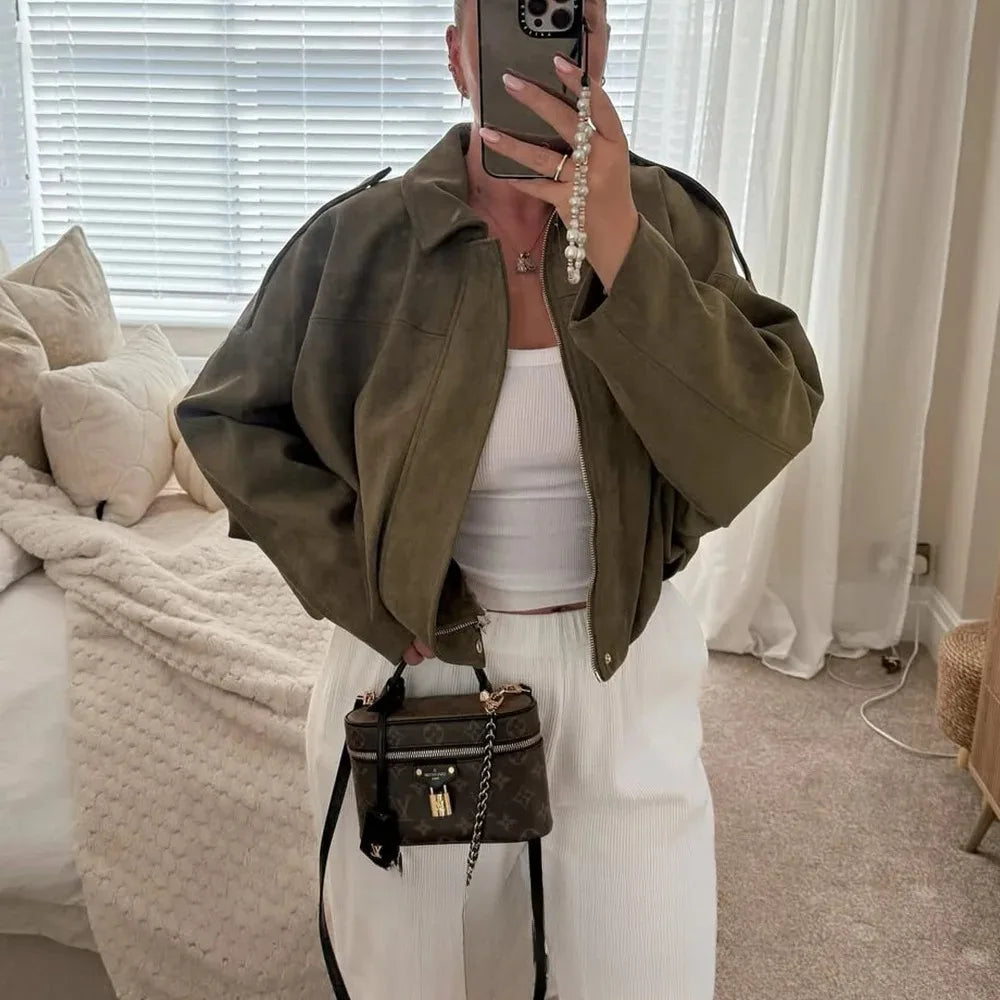 KONDALA 2025 Fall Winter Women's Bomber Jacket Lapel Long Sleeve Zipper Suede Jacket Women High Street Jackets Coats Outerwears