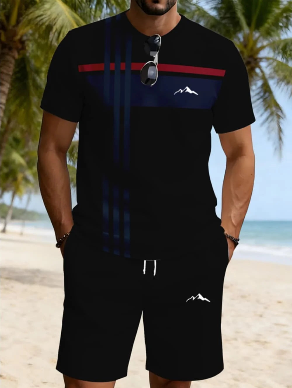 2026 Summer New Arrival Men's Casual Two-Piece Set Striped 3D Print Short-Sleeve Shirt and Athletic Shorts Set Men's Fitness Set