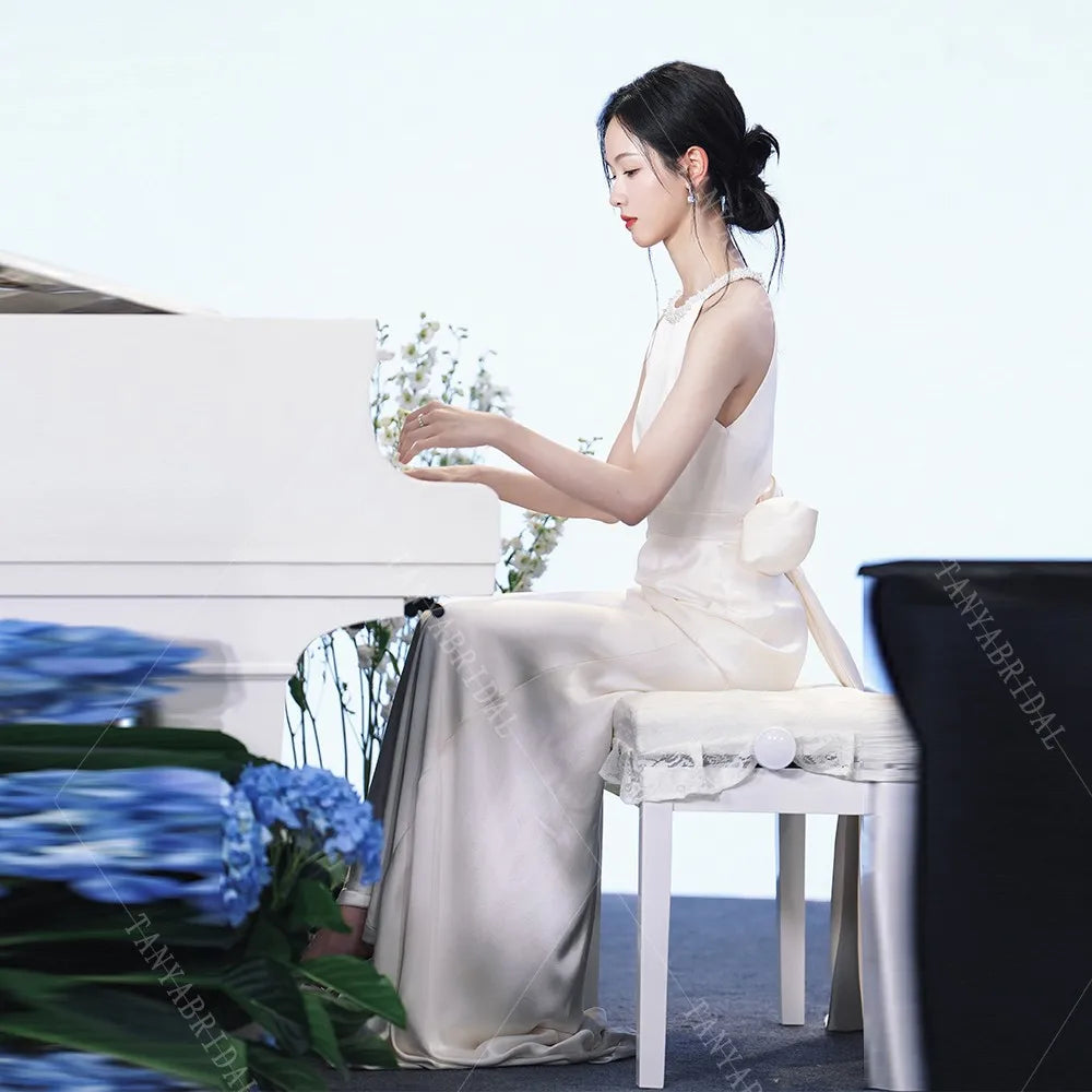 Elegant Soft Satin Mermaid Wedding Dress Sleeveless Backless Sheath Bridal Gown Simple Sweep Train Evening Dress Chic