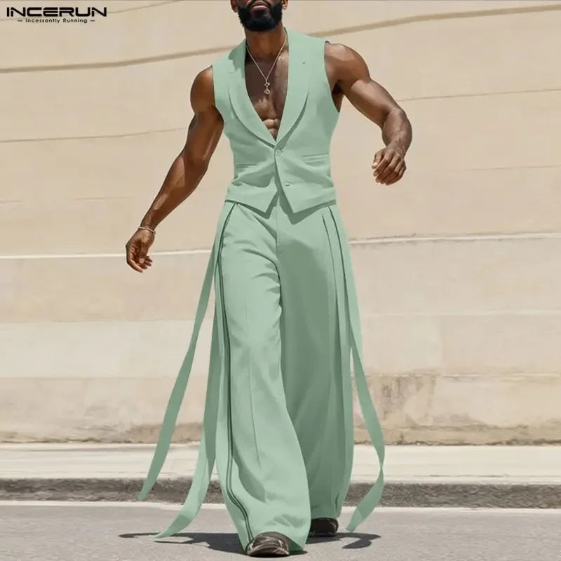 INCERUN Men Sets Solid Color V Neck Sleeveless Vests & Pants With Belt Two Pieces Sets Streetwear Elegant 2026 Fashion Men Suits