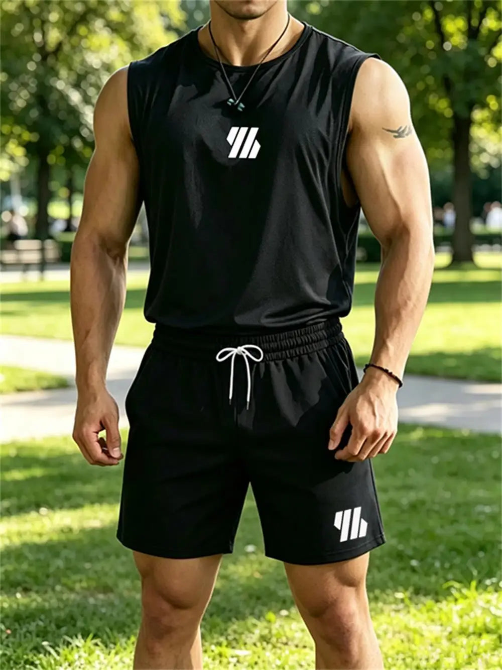 2026 new Men's Brand Vest Two-piece Fitness Running Sportswear Fashionable Printed Round Neck Vest/Breathable Shorts Sets
