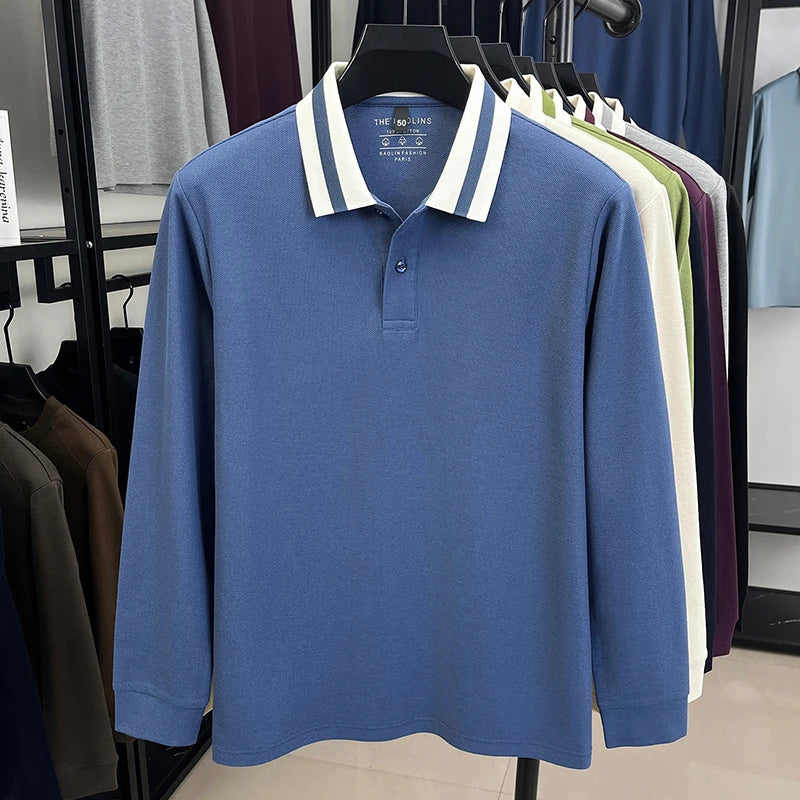 100% pure cotton luxury brand men's long sleeved polo shirt autumn fashion item striped design golf top casual business T-shirt