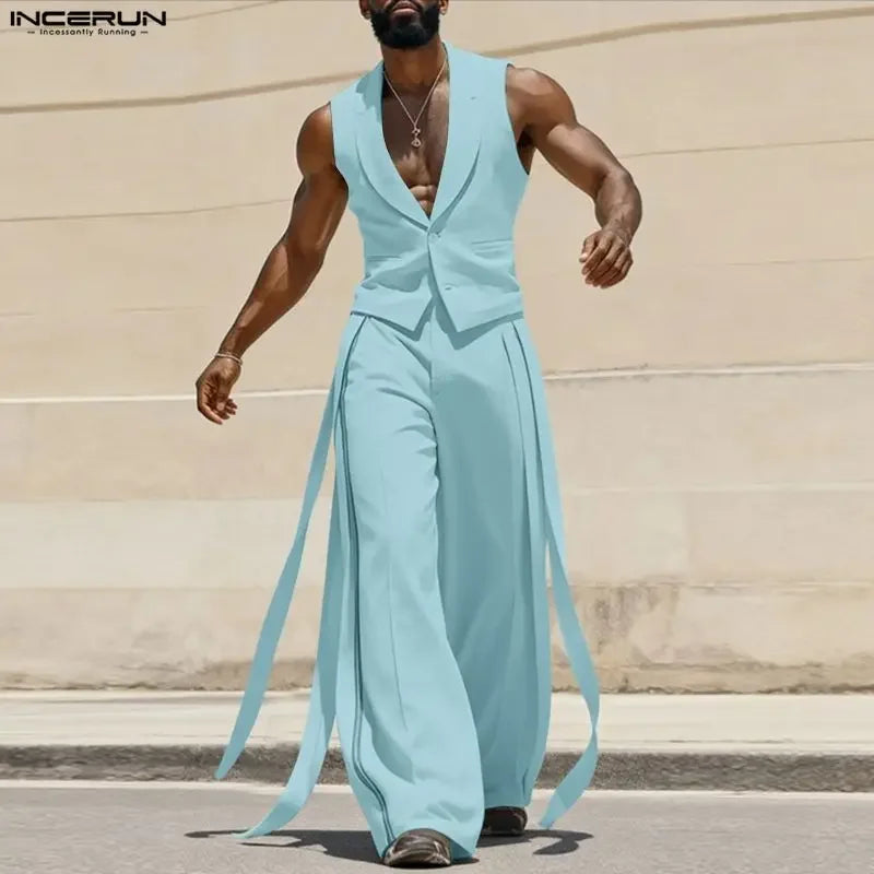 INCERUN Men Sets Solid Color V Neck Sleeveless Vests & Pants With Belt Two Pieces Sets Streetwear Elegant 2026 Fashion Men Suits