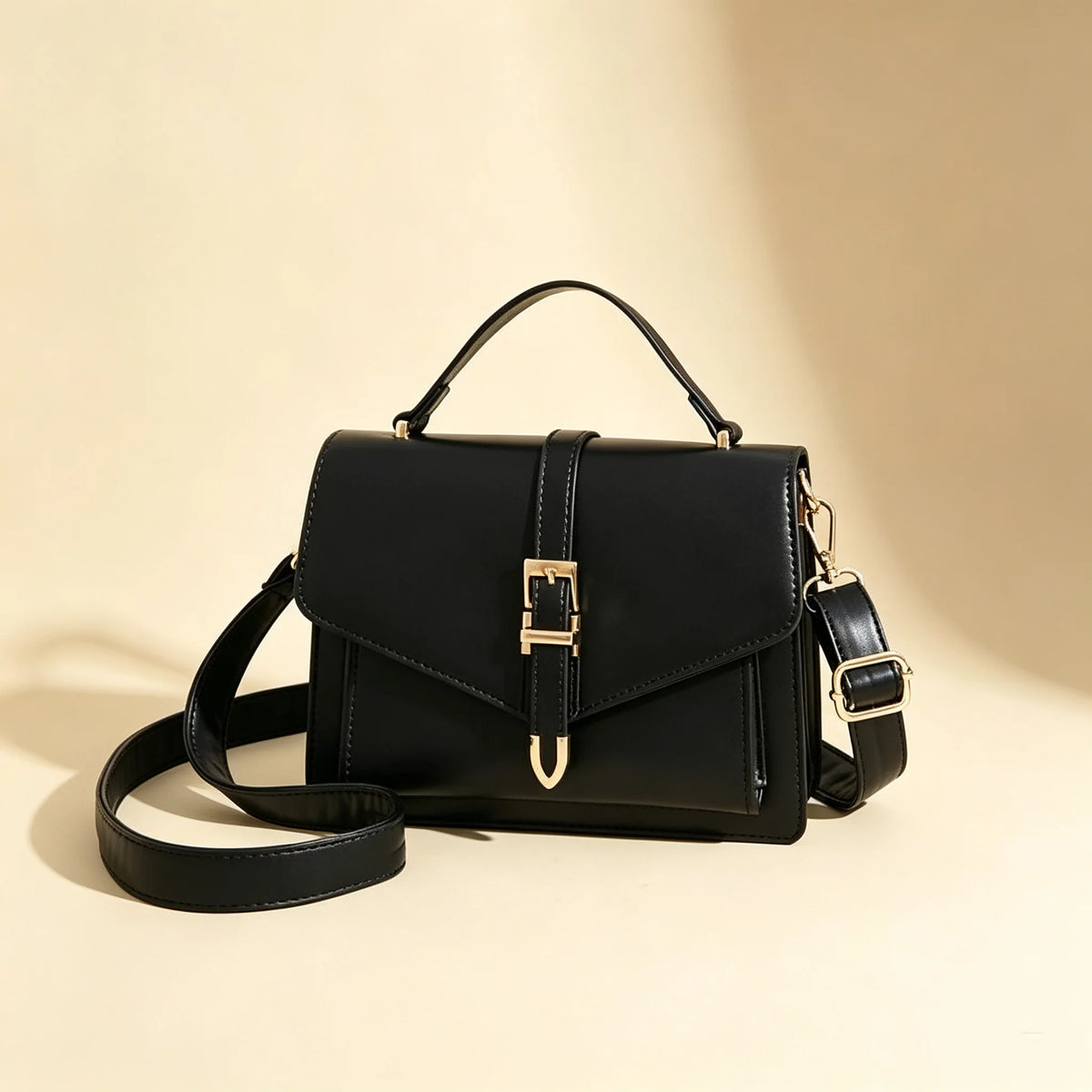 Women PU Leather Handbag Elegant Flap Square Shoulder Bag Metal Buckle Multi‑pocket Large Capacity Crossbody Purse Daily Work Office Satchel Bag