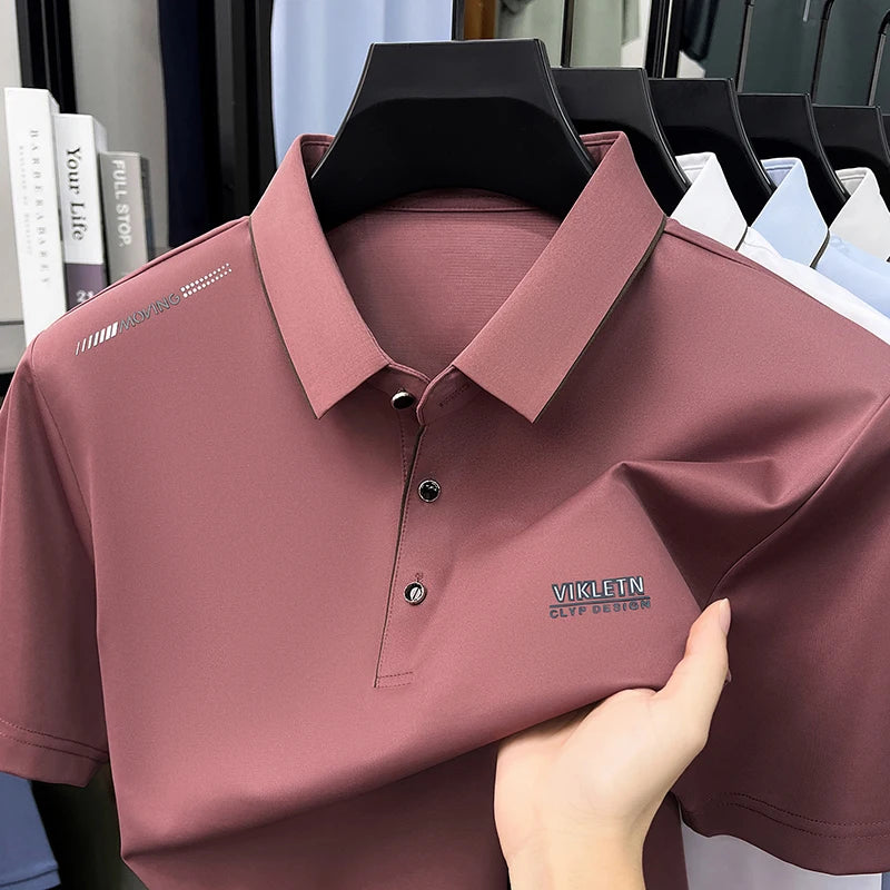 Light luxury men's short sleeve polo shirt summer ice silk breathable new fashion brand exquisite letter embossed casual T-shirt