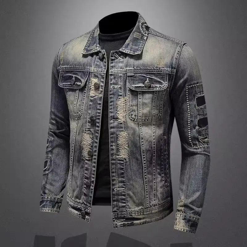 Mens Vintage Denim Jacket High Street Trend Loose Streetwear Riding Biker Coat Casual Lapel Button Down Fashion Outwear