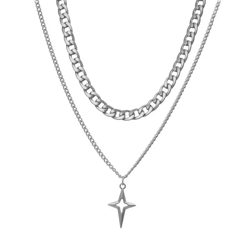 Personalized Punk Cross Star Chain Double Layer Necklace For Men Women Y2K Fashion Trend Rock Party Grunge EMO Accessorie
