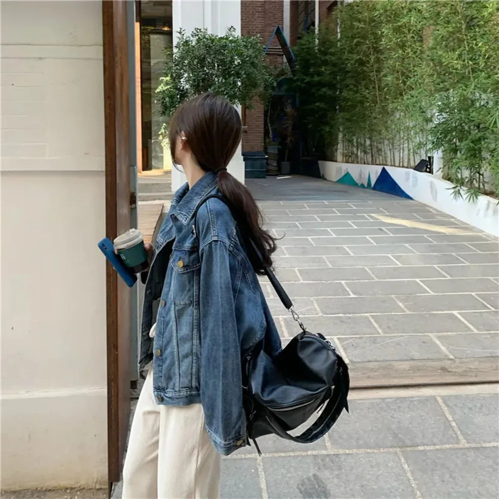 Denim Jackets Women Short Coat Pockets Streetwear Distressed Washed Single Breasted Turn Down Collar Autumn Outerwear