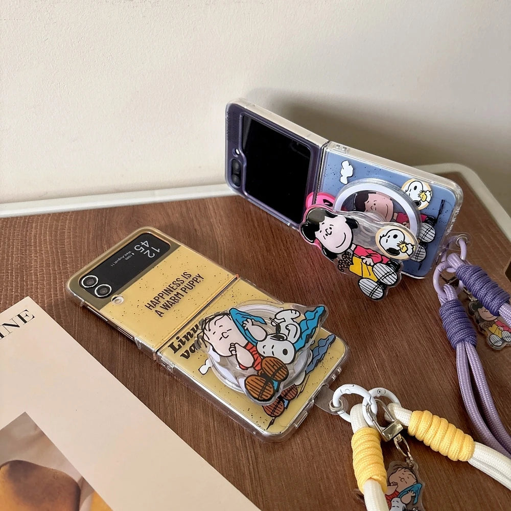 Cute Cartoon Snoopy Charlie Brown Magnetic Holder Magsafe Wireless Charge Phone Case For Samsung Galaxy Z Flip 7 6 5 4 3 Cover