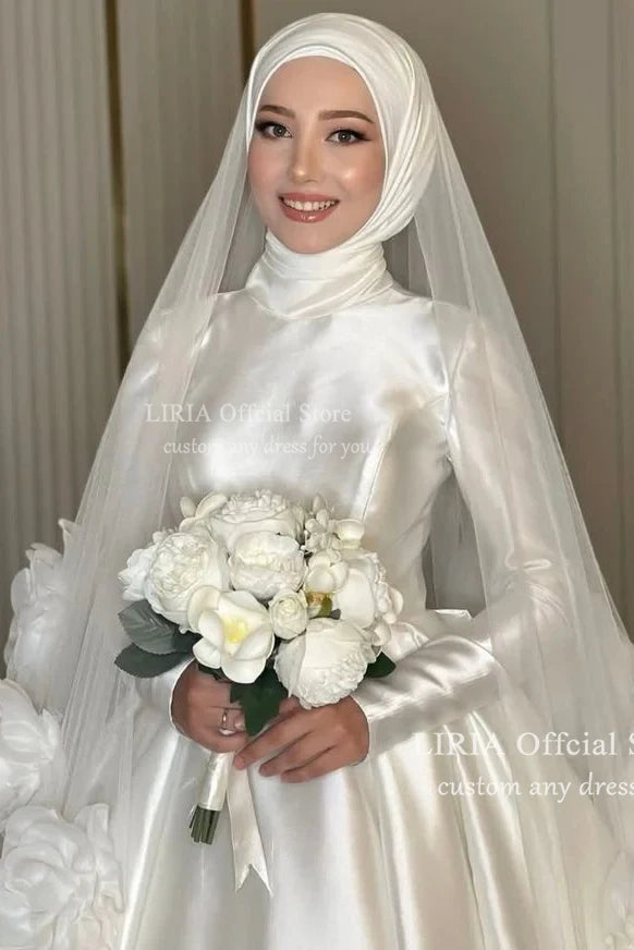 LIRIA  Wedding Dress For Women 2026 New High End Satin Long Sleeve Bridal Gown With Veil Customized - Luxury Wedding Dvia