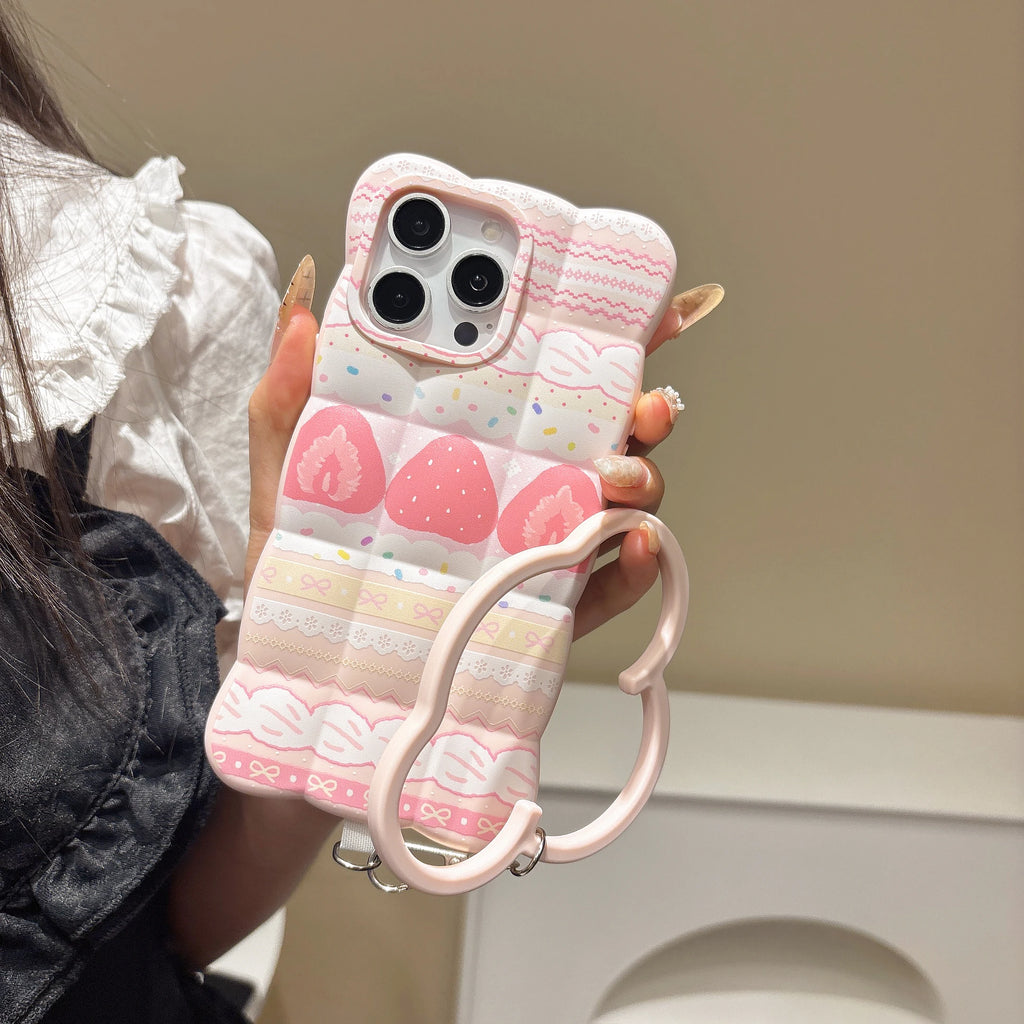 Strawberry Cake Cloud-Shaped Phone Case with Flower-Shape Wrist Ring Cute Soft Wave-Edge Protective Cover for iPhone 17  2D Flat