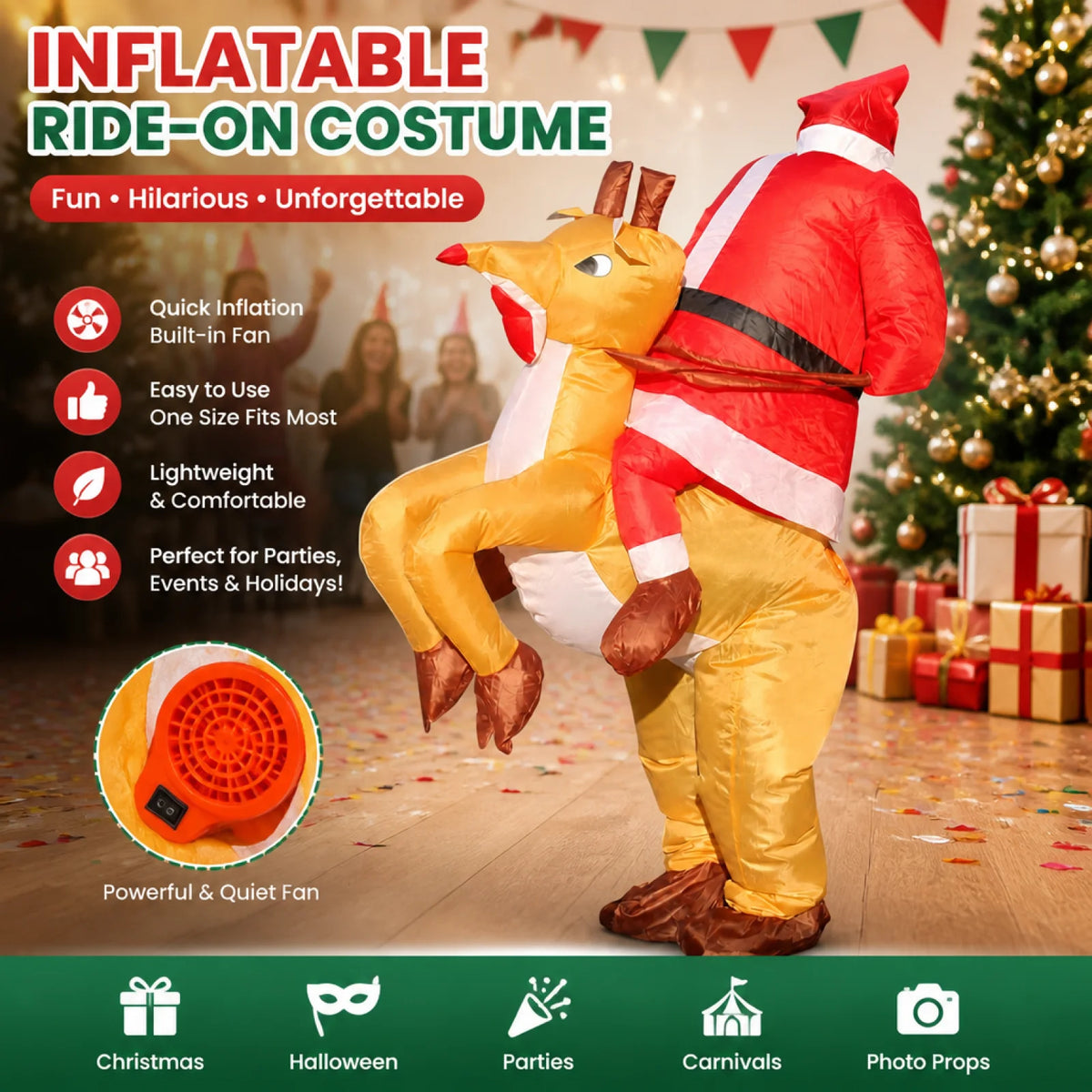 Inflatable Costume for Adults Pumpkin Reindeer Christmas Tree Blow Up Suit with Fan for Halloween Christmas Party Cosply