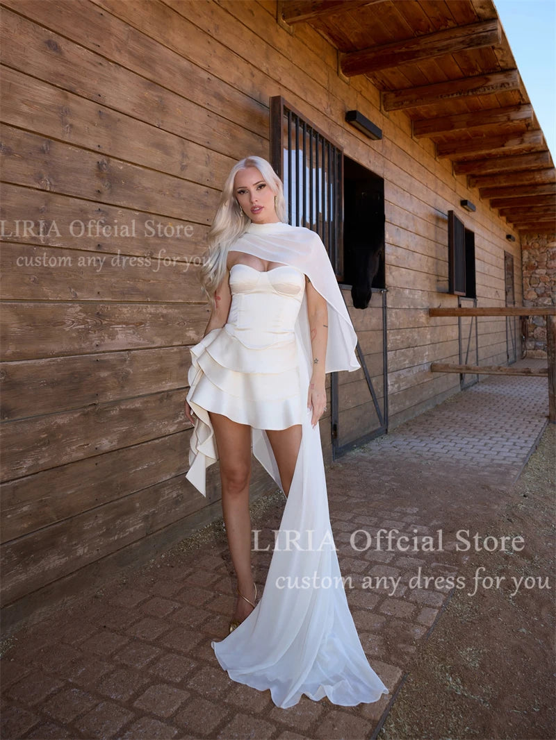 LIRIA Customized Off White Short Wedding Dresses with Chiffon Shawl A-line Pleat Mini vestido de novia 2027 Elegant Bride Gown