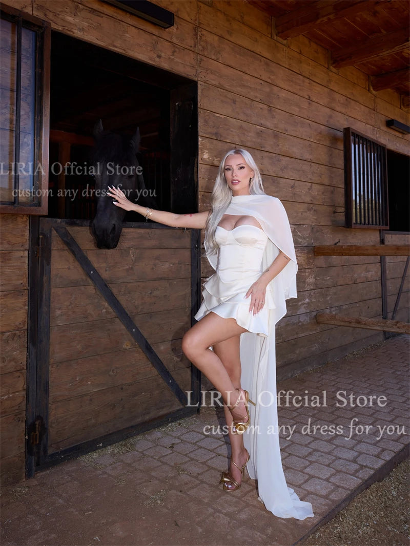 LIRIA Customized Off White Short Wedding Dresses with Chiffon Shawl A-line Pleat Mini vestido de novia 2027 Elegant Bride Gown