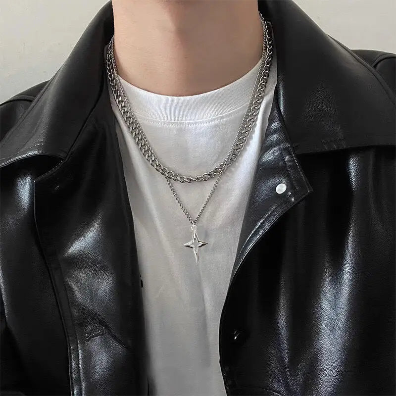 Personalized Punk Cross Star Chain Double Layer Necklace For Men Women Y2K Fashion Trend Rock Party Grunge EMO Accessorie