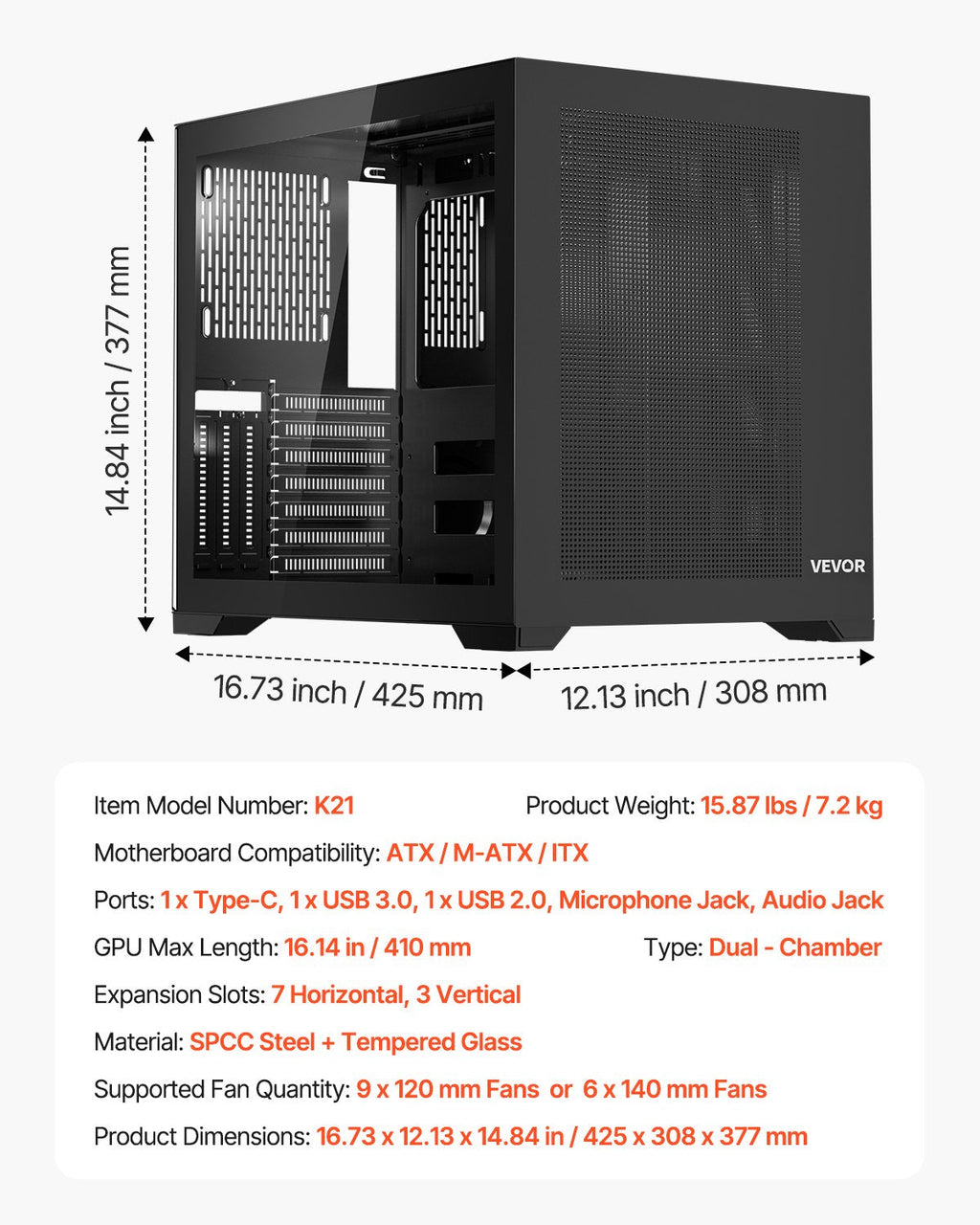 VEVOR Mid-Tower PC Case, Dual Chamber, Gaming Computer Case with