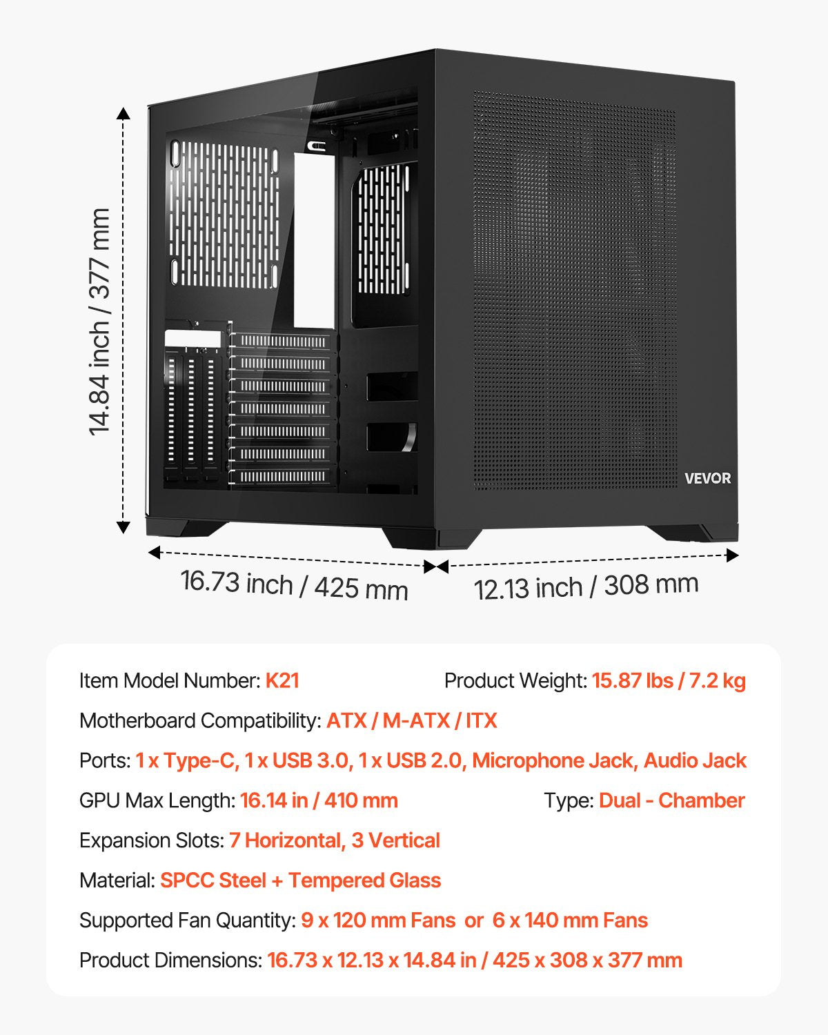 VEVOR Mid-Tower PC Case, Dual Chamber, Gaming Computer Case with