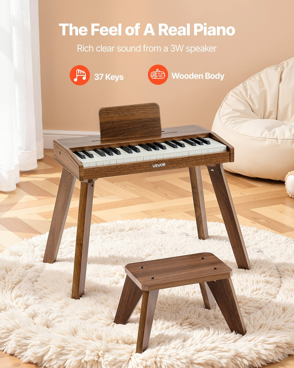 VEVOR Kids Piano Keyboard, 37 Key Wooden Digital Piano for Kids, Mini
