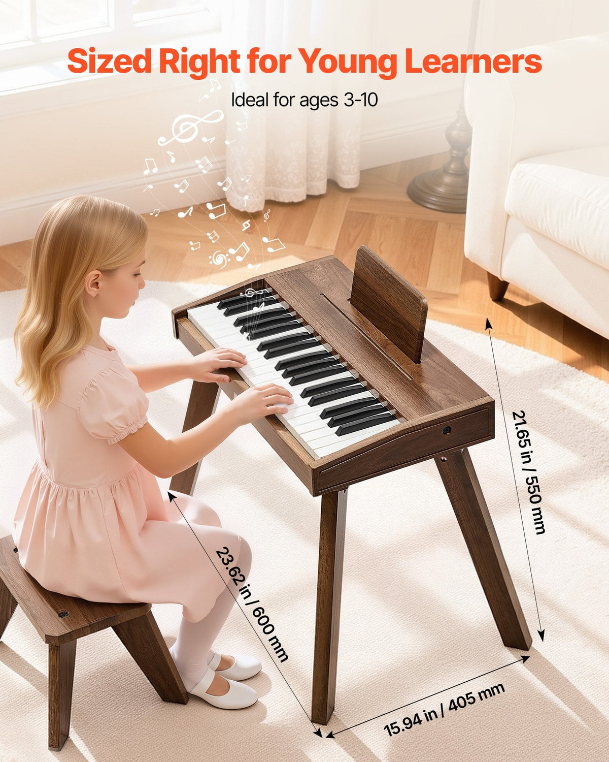 VEVOR Kids Piano Keyboard, 37 Key Wooden Digital Piano for Kids, Mini