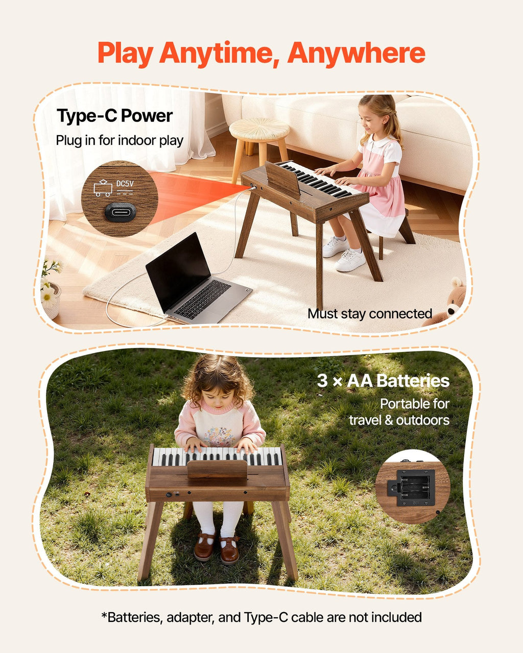 VEVOR Kids Piano Keyboard, 37 Key Wooden Digital Piano for Kids, Mini