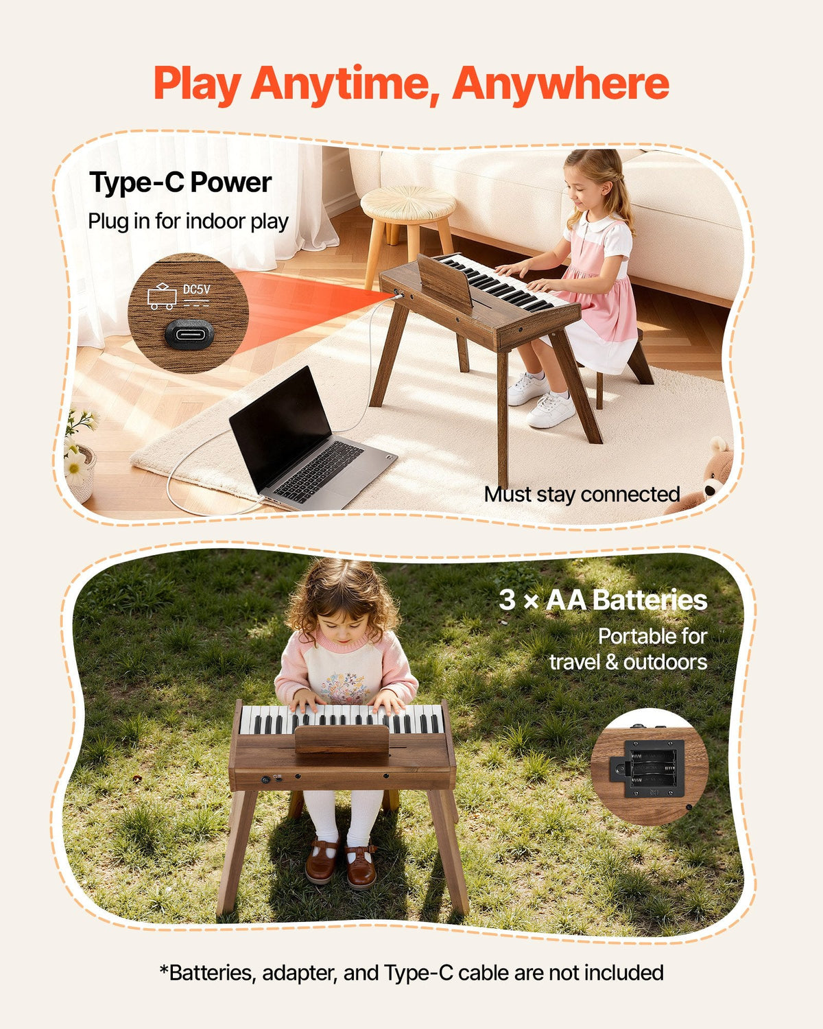 VEVOR Kids Piano Keyboard, 37 Key Wooden Digital Piano for Kids, Mini