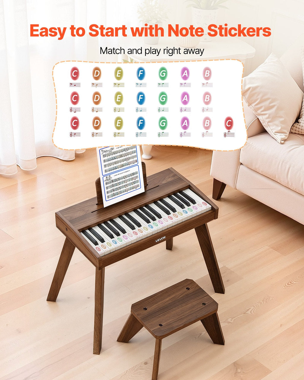 VEVOR Kids Piano Keyboard, 37 Key Wooden Digital Piano for Kids, Mini