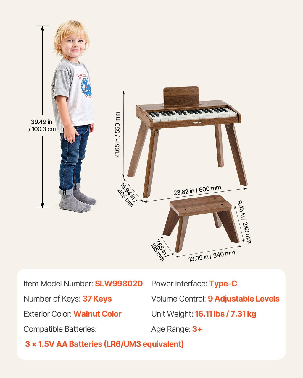 VEVOR Kids Piano Keyboard, 37 Key Wooden Digital Piano for Kids, Mini