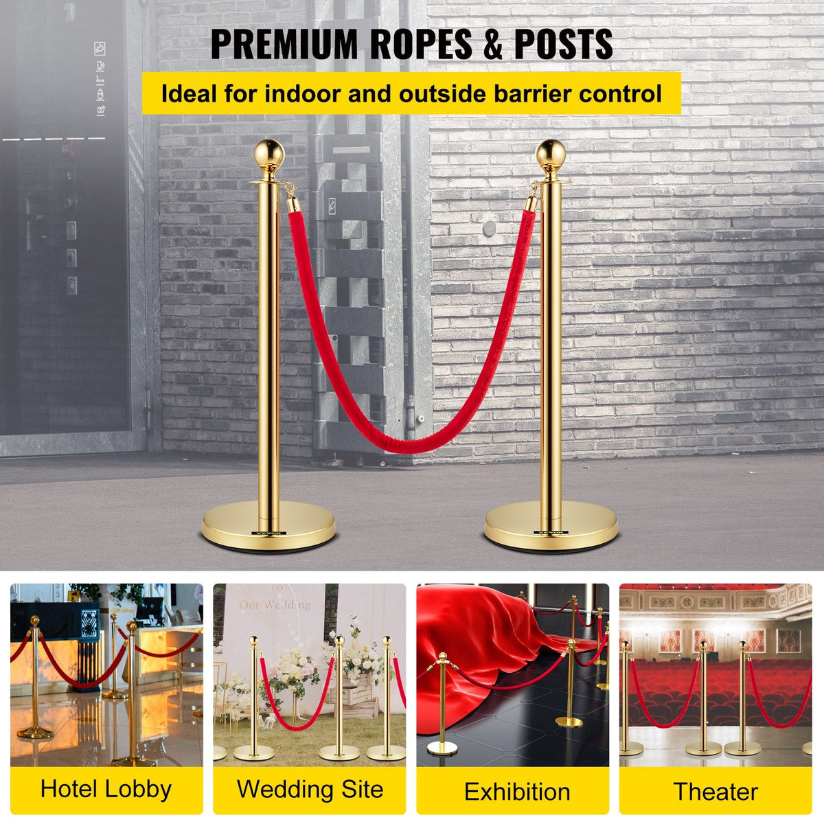 VEVOR Velvet Ropes and Posts, 5 ft/1.5 m Red Rope, Stainless Steel