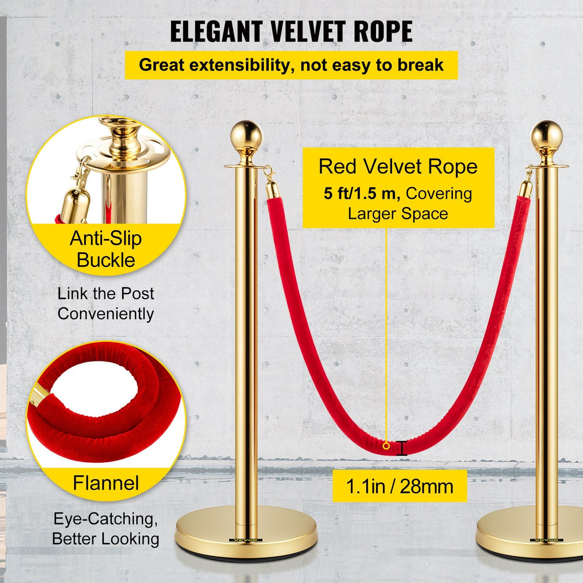 VEVOR Velvet Ropes and Posts, 5 ft/1.5 m Red Rope, Stainless Steel