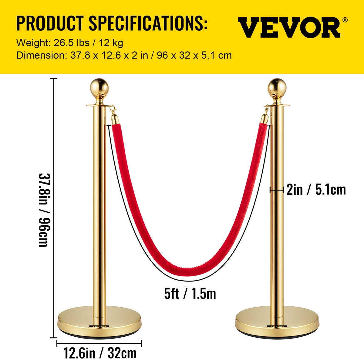 VEVOR Velvet Ropes and Posts, 5 ft/1.5 m Red Rope, Stainless Steel